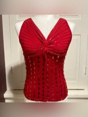 Red Beaded Sequins Knitted Y2K Sleeveless Boho Tank Top Fits Up To Size S